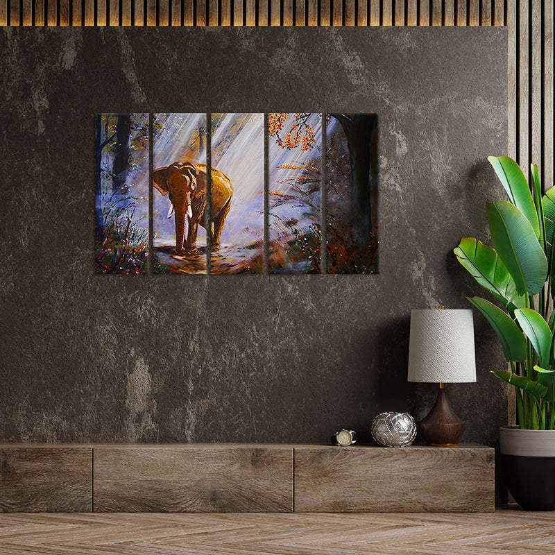 Artistic Elephant Canvas Wall Painting - With 5 Panel
