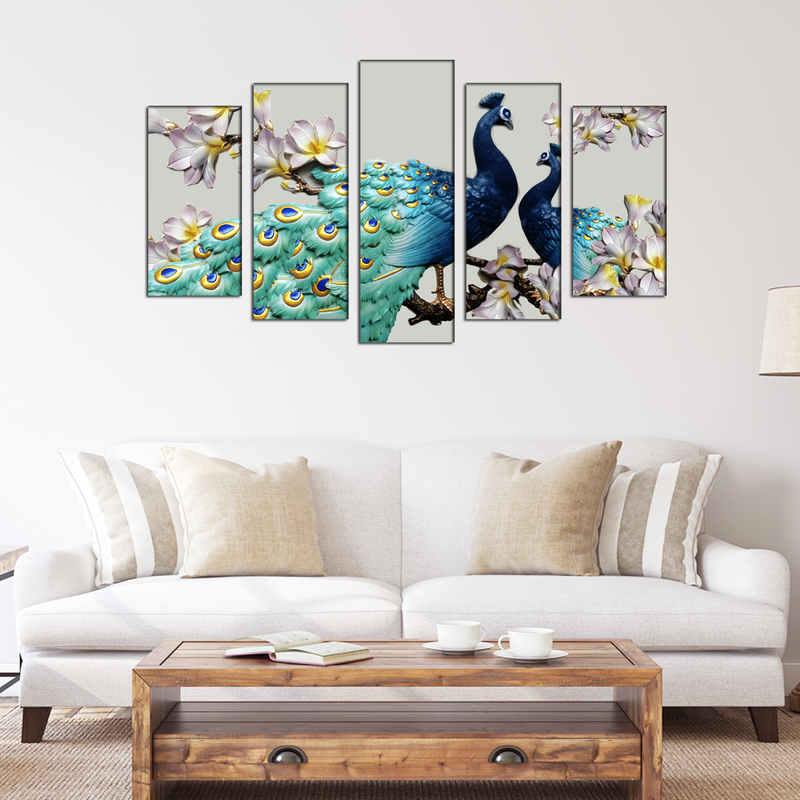Couple Of Peacock Canvas Wall Painting- With 5 Frames