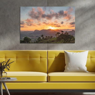 Green Grass Field & Sunset View Print On Canvas Wall Painting