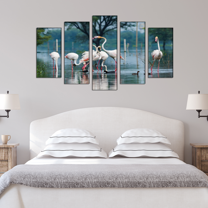 Flamingo Birds Canvas Panel Wall Painting - With 5 Frames