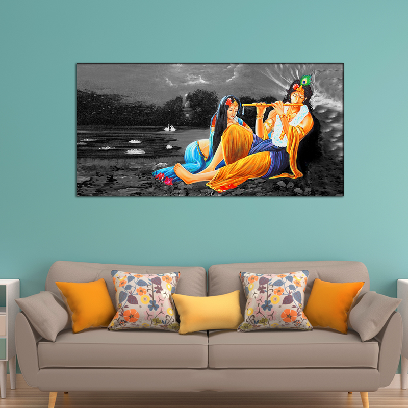 Krishna And Radha In Gray Background Canvas Wall Painting