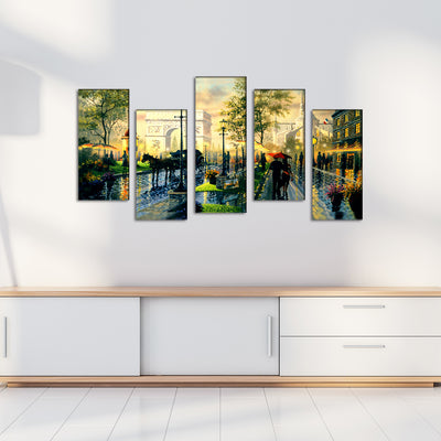 City Road View With Couple Canvas Wall Painting- With 5 Frames