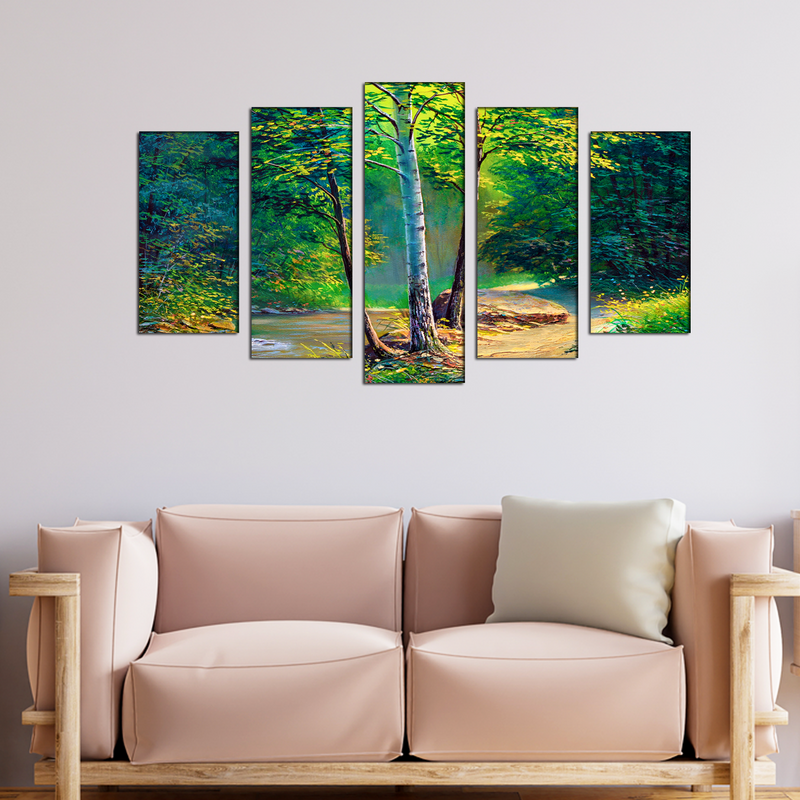 Green Forest Canvas Wall Painting- With 5 Frames