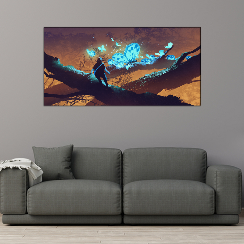 Man Looking at Blue Butterflies Canvas Wall Painting
