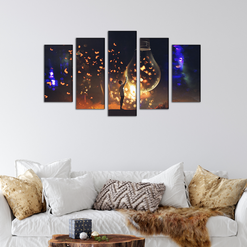 Man With Glowing Big Bulb Canvas Wall Painting- With 5 Frames