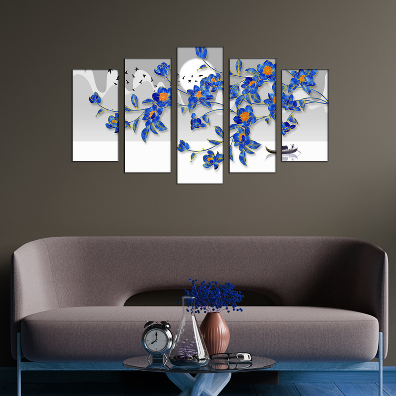 Blue Flowers & Flying Birds Canvas Wall Painting- With 5 Frames