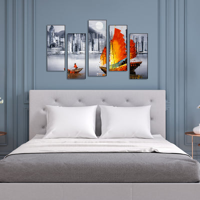 Colorful Boat In Grey Background Canvas Wall Painting - With 5 Frames