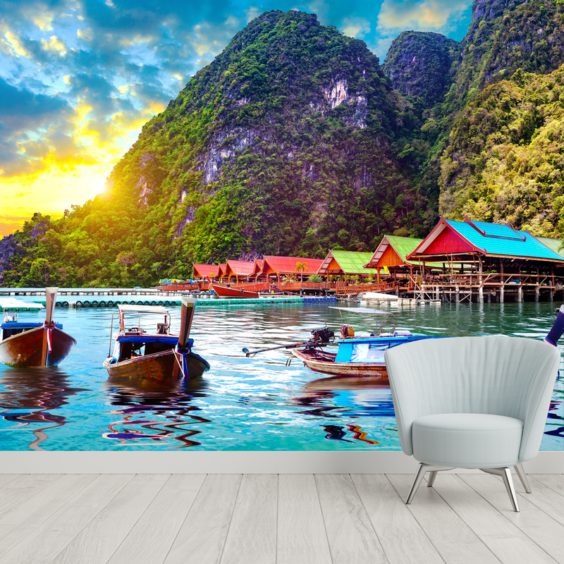 Beautiful Mountain & Boat Sunset Scenery Digitally Printed Wallpaper