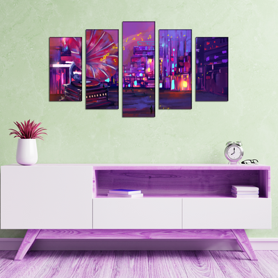 Large Gramophone On Street Abstract Canvas Wall Painting- With 5 Frames