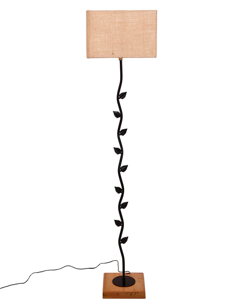 Beige Square Jute Shade Leaf Floor Lamp with Wood Square Base