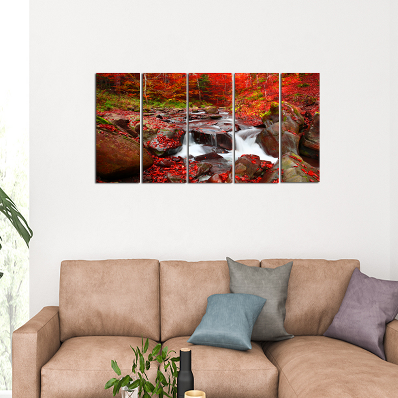 Autumn Waterfall Scenery Canvas Wall Painting - With 5 Panel
