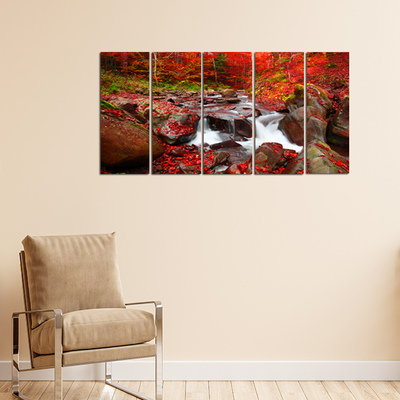 Autumn Waterfall Scenery Canvas Wall Painting - With 5 Panel