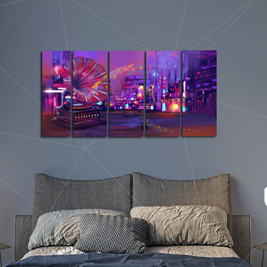 Large Gramophone On Street Abstract Canvas Wall Painting- With 5 Frames