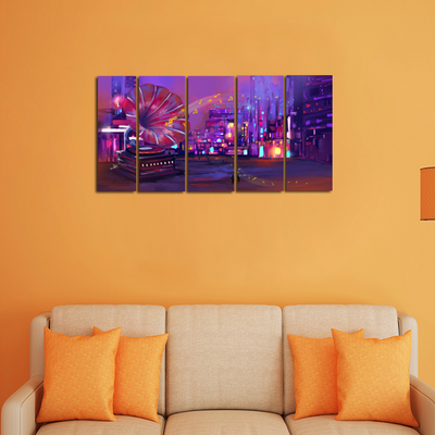 Large Gramophone On Street Abstract Canvas Wall Painting- With 5 Frames