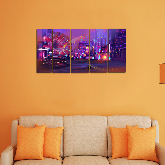 Large Gramophone On Street Abstract Canvas Wall Painting- With 5 Frames