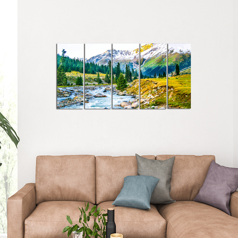 Mountain Tree & Water Scenery Canvas Wall Painting - With 5 Panel