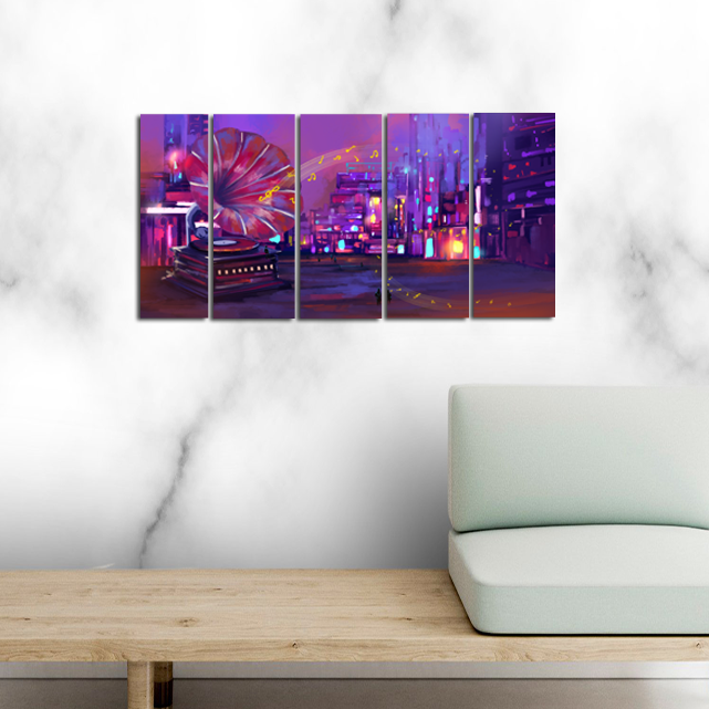 Large Gramophone On Street Abstract Canvas Wall Painting- With 5 Frames