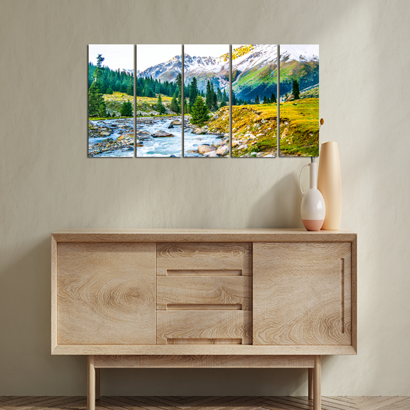 Mountain Tree & Water Scenery Canvas Wall Painting - With 5 Panel