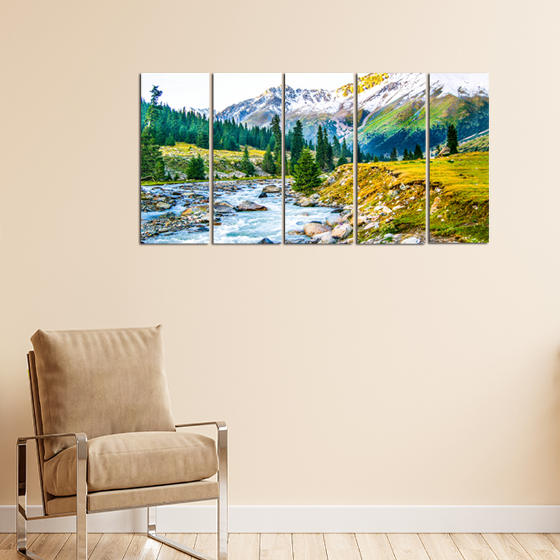 Mountain Tree & Water Scenery Canvas Wall Painting - With 5 Panel