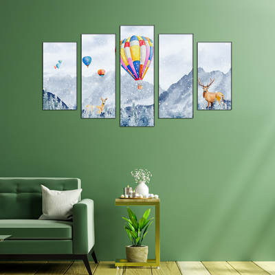 Hot Air Balloon And Deer Canvas Wall Painting- With 5 Frames