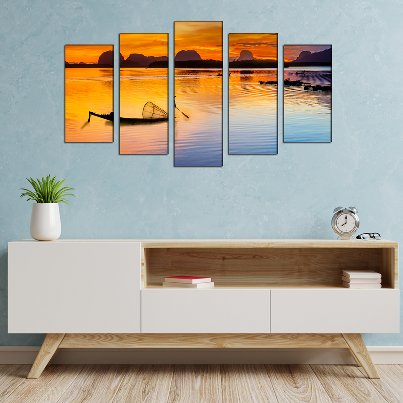 Boat Sunrise Canvas Wall Painting- With 5 Frames