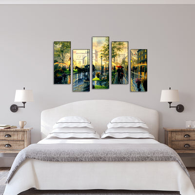 City Road View With Couple Canvas Wall Painting- With 5 Frames