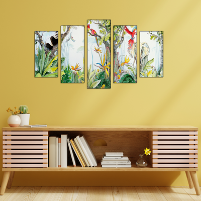 Animals & Bird In Forest Canvas Wall Painting- With 5 Frames