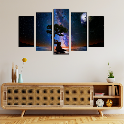 Glittery Night Over The Lake With Tree Canvas Wall Painting- With 5 Frames