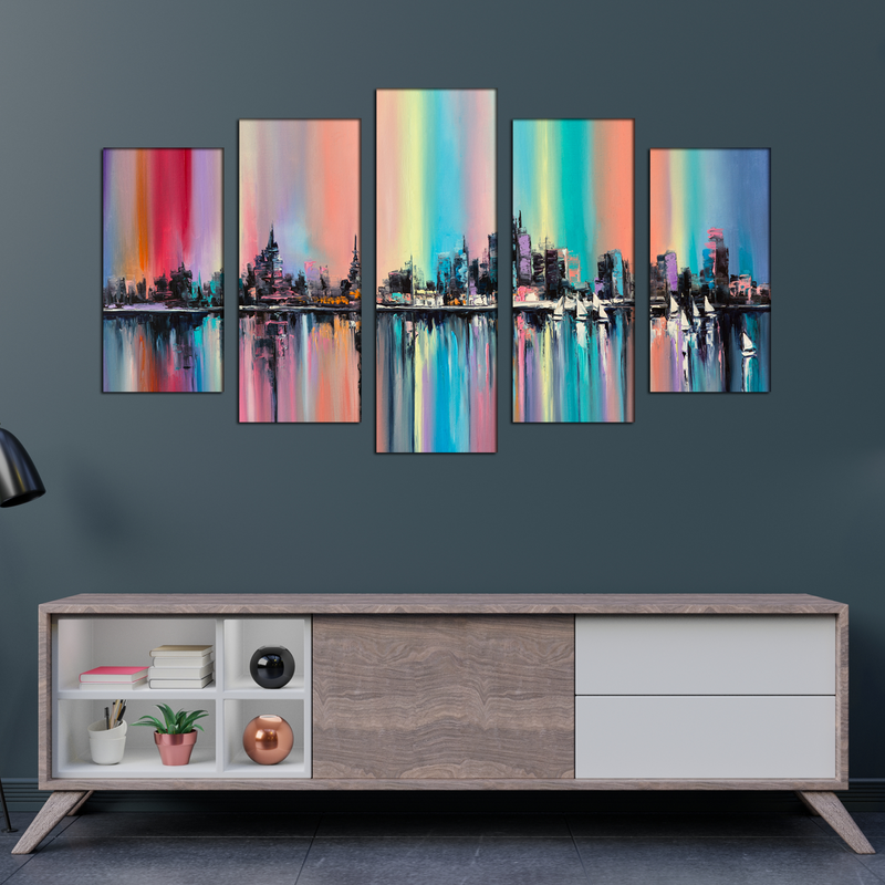 City View Abstract Canvas Wall Painting- With 5 Frames