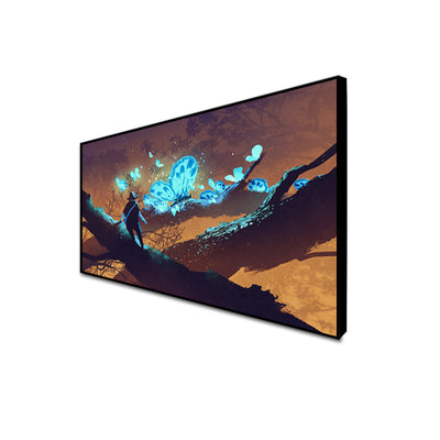 Man Looking at Blue Butterflies Canvas Floating Frame Painting