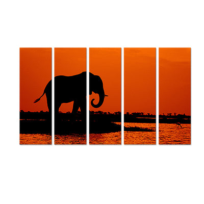 Elephant During Sunset Canvas Wall Painting - With 5 Panel