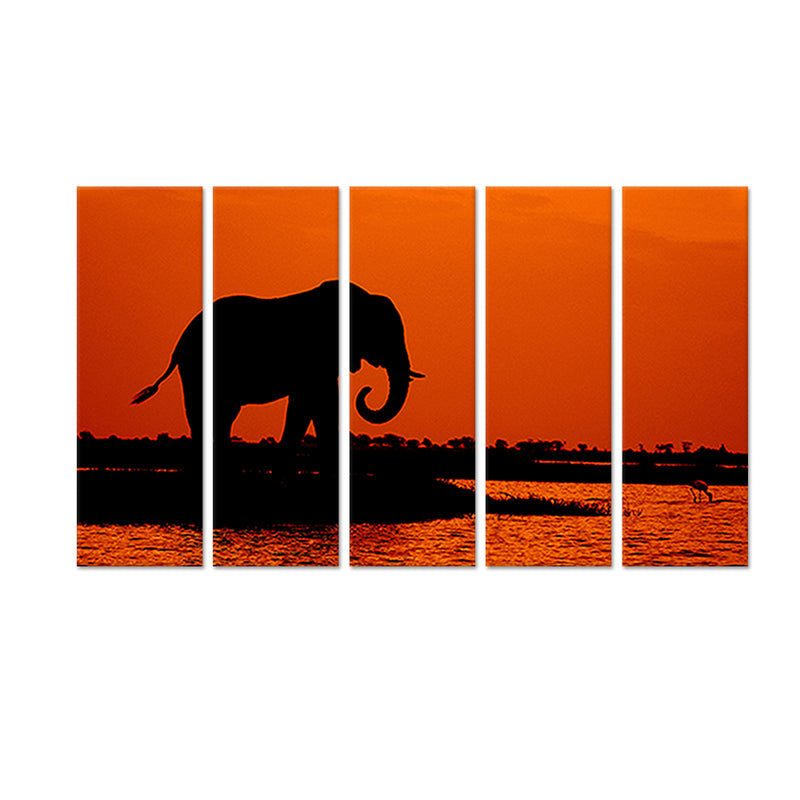 Elephant During Sunset Canvas Wall Painting - With 5 Panel