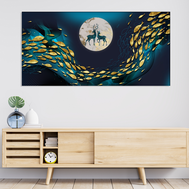 Beautiful Fish, Deer, Moon Canvas Print Wall Painting