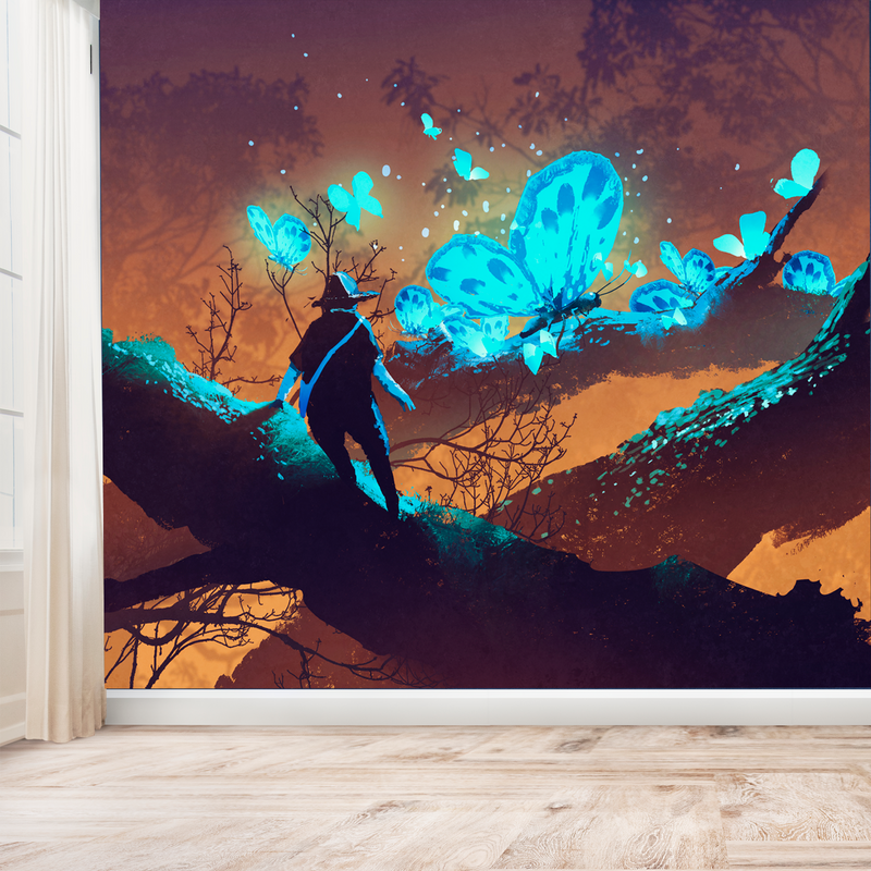 Man looking at Blue Butterflies Digitally Printed Wallpaper