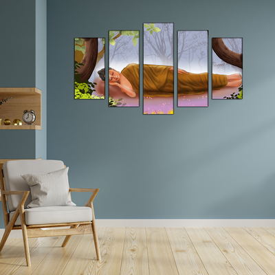 Gautama Buddha While Sleeping Illustration Canvas Wall Painting- With 5 Frames