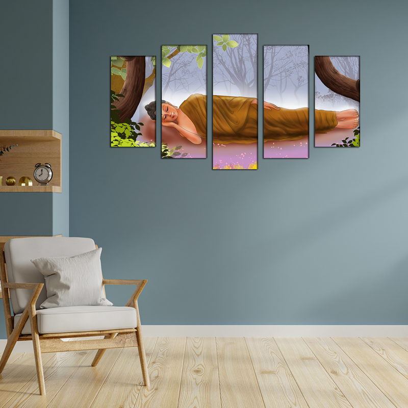 Gautama Buddha While Sleeping Illustration Canvas Wall Painting- With 5 Frames
