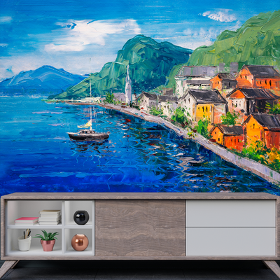 Mountains Near Blue Lake Artistic Scenery Digitally Printed Wallpaper