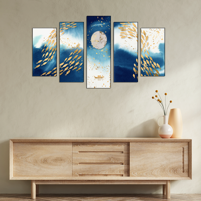 Looife Blue and Gold Fish Canvas Wall Painting- With 5 Frames
