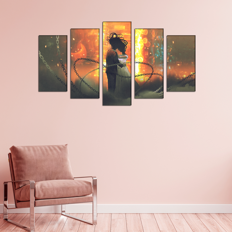 Couple In Fire Background Canvas Wall Painting- With 5 Frames