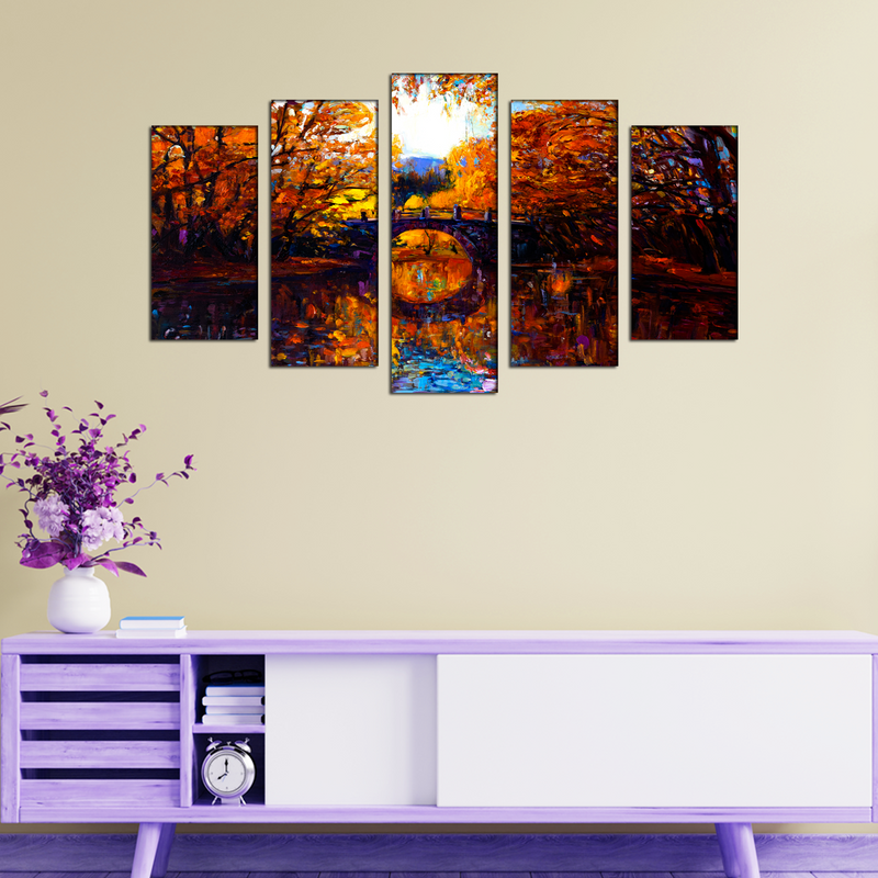 Autumn Forest Abstract Scenery Canvas Wall Painting- With 5 Frames