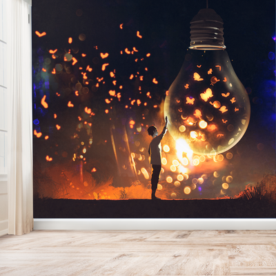 Man With Glowing Big Bulb Digitally Printed Wallpaper