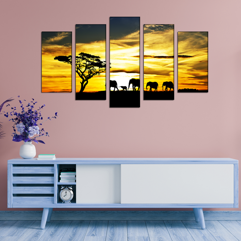 Beautiful View of Elephant Family Canvas Wall Painting- With 5 Frames