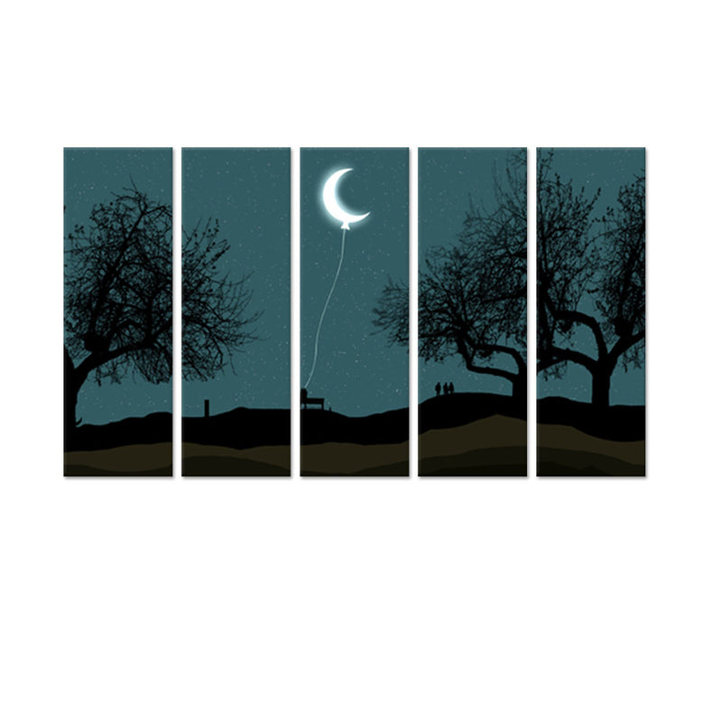 Moon Hanging With Rope Night Scenery Canvas Wall Painting - With 5 Panel