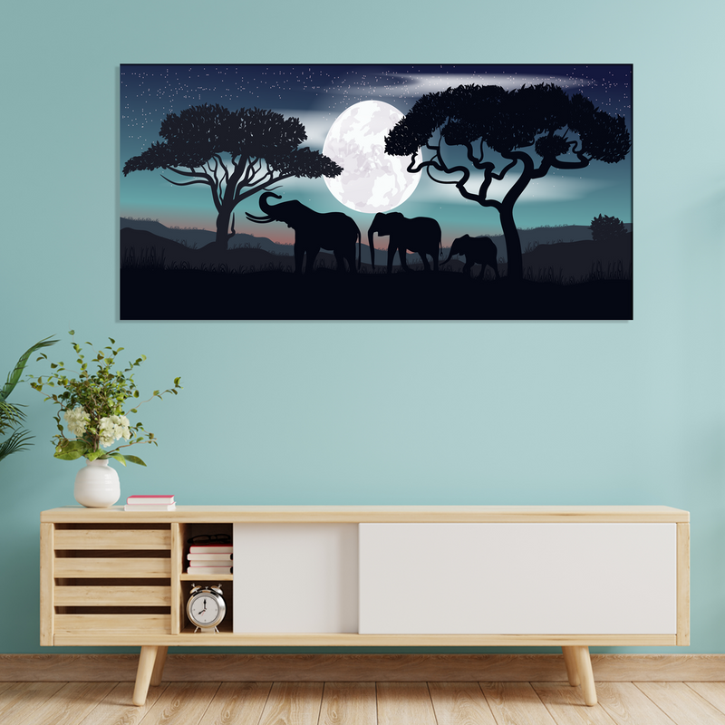 Family of Elephants In Night Canvas Wall Painting