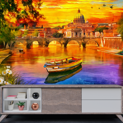 Abstract Lake Scenery Digitally Printed Wallpaper