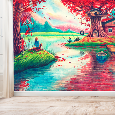 Oil Painting Village Scenery Digitally Printed Wallpaper