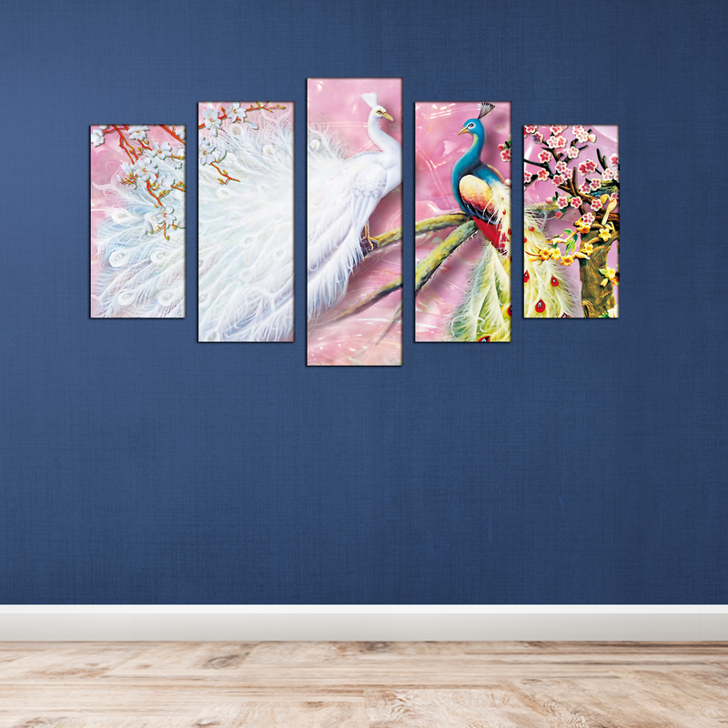Beautiful white & Colored Peacock Canvas Wall Painting- With 5 Frames