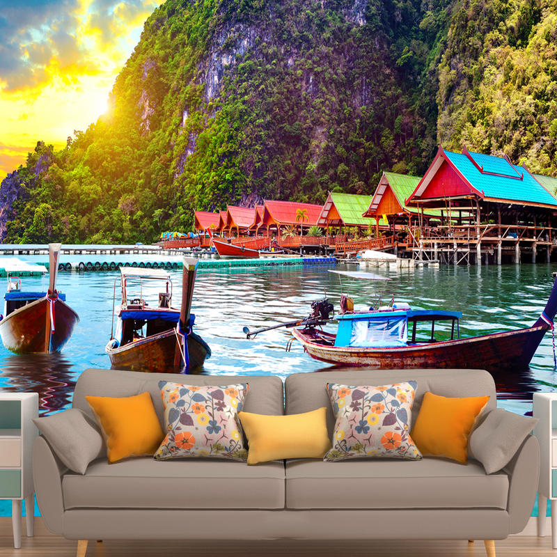 Beautiful Mountain & Boat Sunset Scenery Digitally Printed Wallpaper