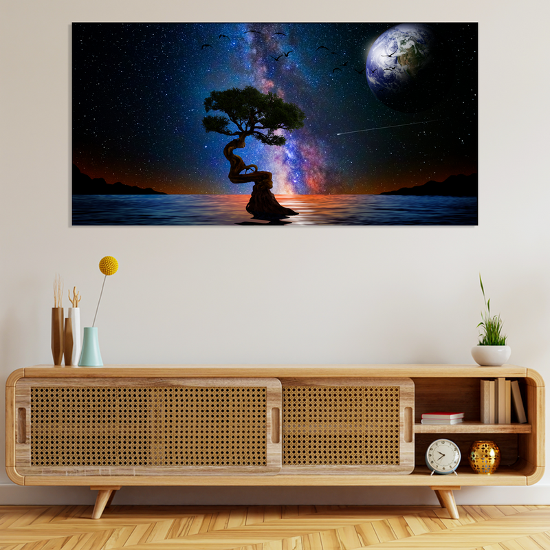 Glittery Night Over The Lake With Tree Canvas Wall Painting