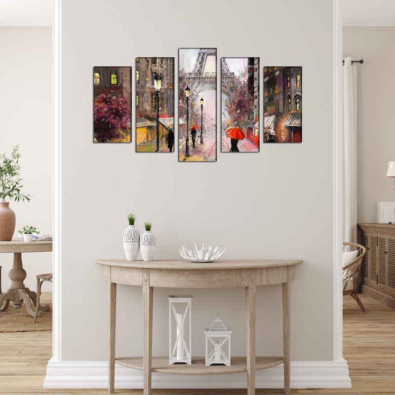 Artistic Color Eiffel Tower Scenery Canvas Panel Wall Painting - With 5 Frames